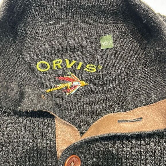 Orvis Black Button Mockneck Sweater 100% Wool Mens Sz Large Leather Trim Knit - Picture 7 of 10